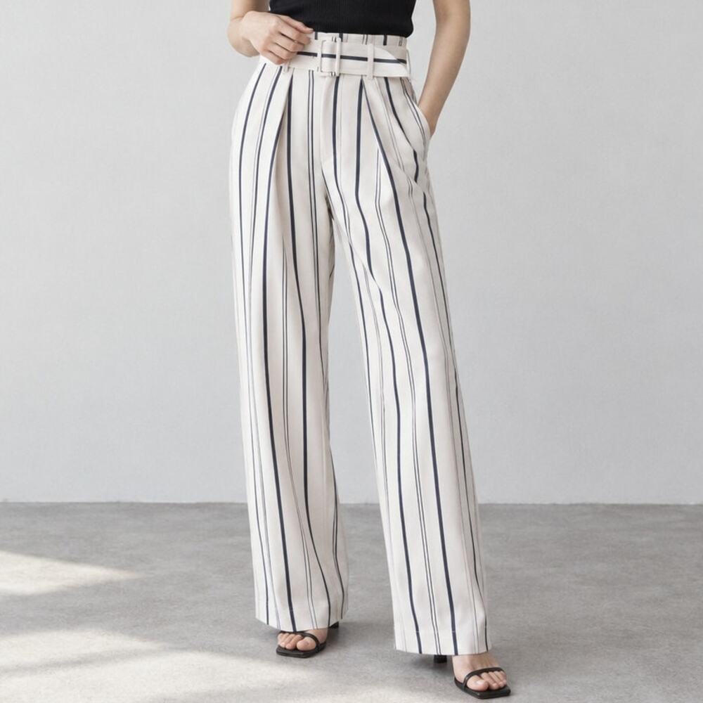 Vince Dobby Striped Belted Pants Womens 6 Off-White High-rise Paperbag Full Leg